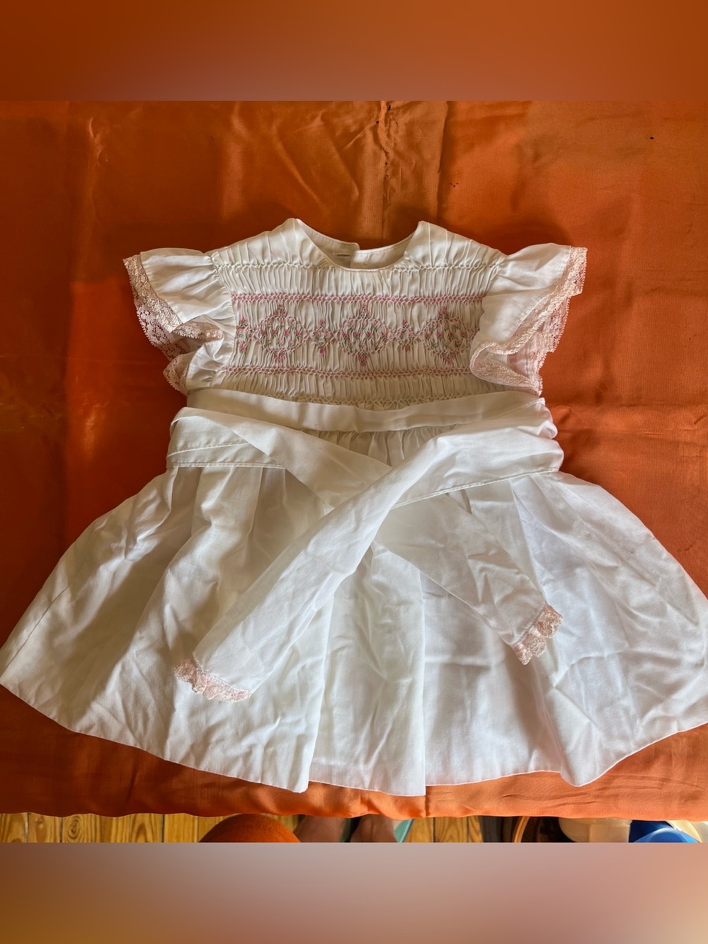 Vintage Polly Flinders White & Pink Smocked Baby Dress with Pink Lace Trim